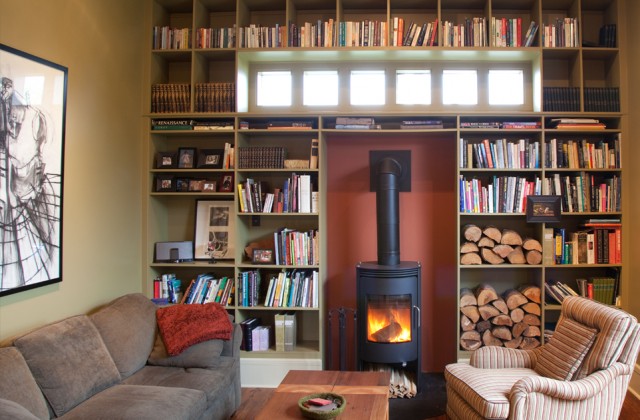 colorhouse interior red fireplace architectural image